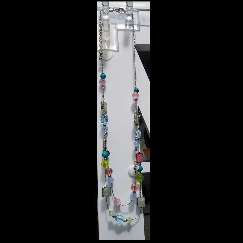 Vintage Colorful Beaded Silver Toned Double Layer Necklace